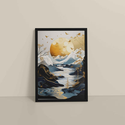 Floor View of Sun Between Peaks and Streams – Nature Abstract Art in Black Color Frame