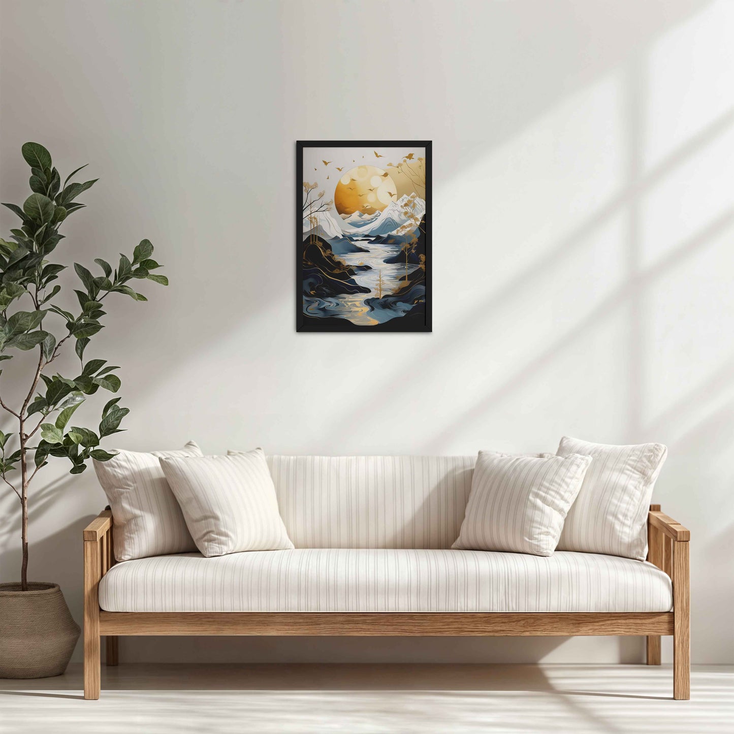 Living Room Cabinet Table Preview of Sun Between Peaks and Streams – Nature Abstract Art in Black Color Frame