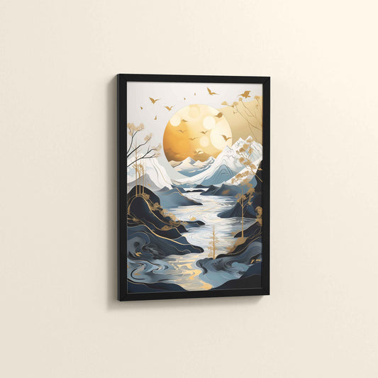 Side View of Sun Between Peaks and Streams – Nature Abstract Art in Black Color Frame