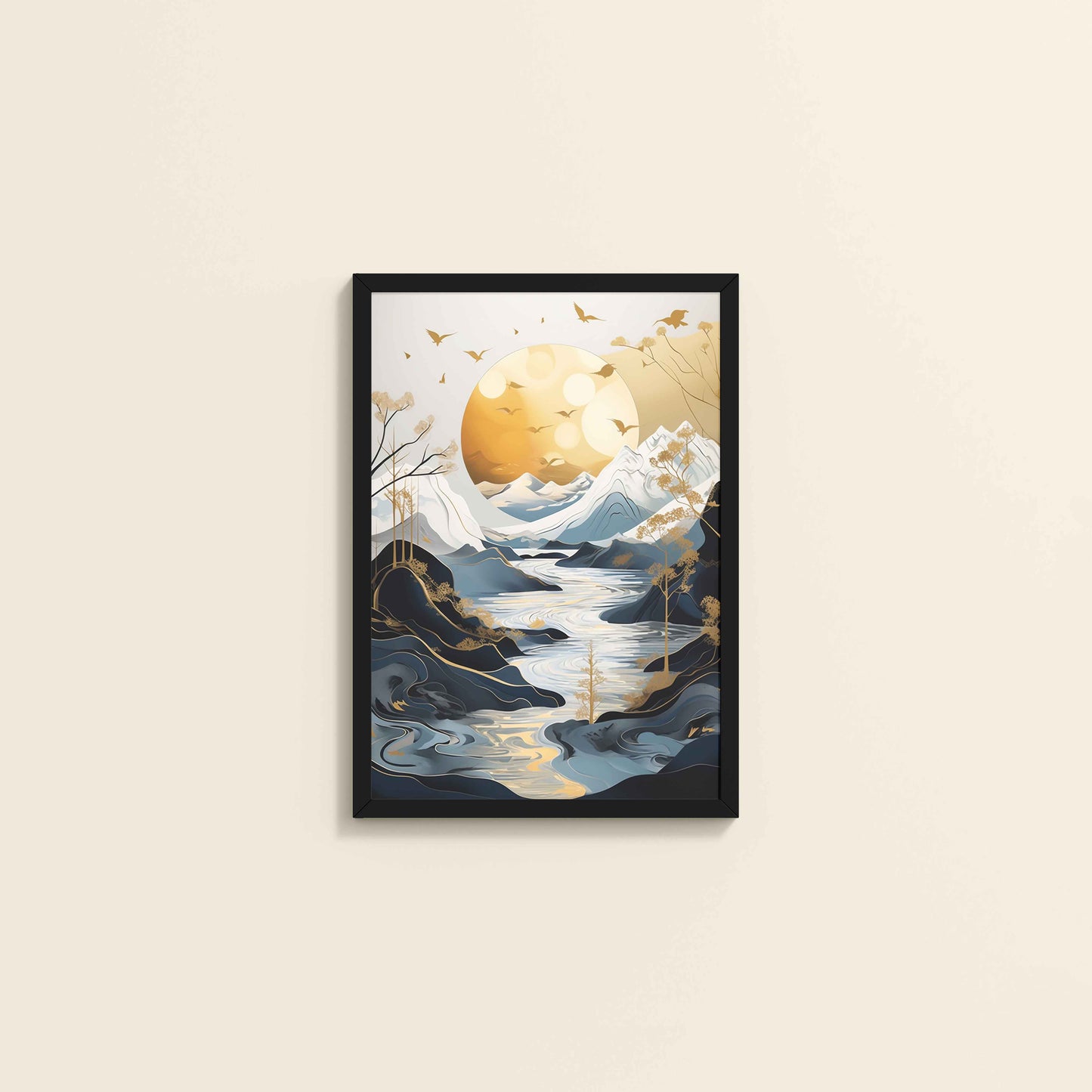 Wall View of Sun Between Peaks and Streams – Nature Abstract Art in Black Color Frame