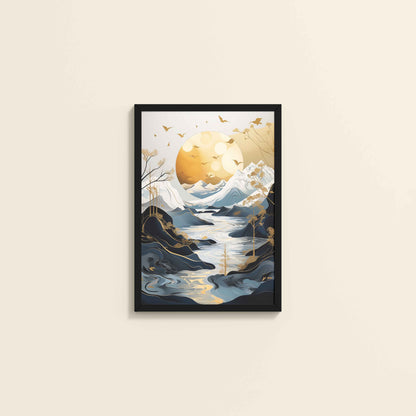 Wall View of Sun Between Peaks and Streams – Nature Abstract Art in Black Color Frame