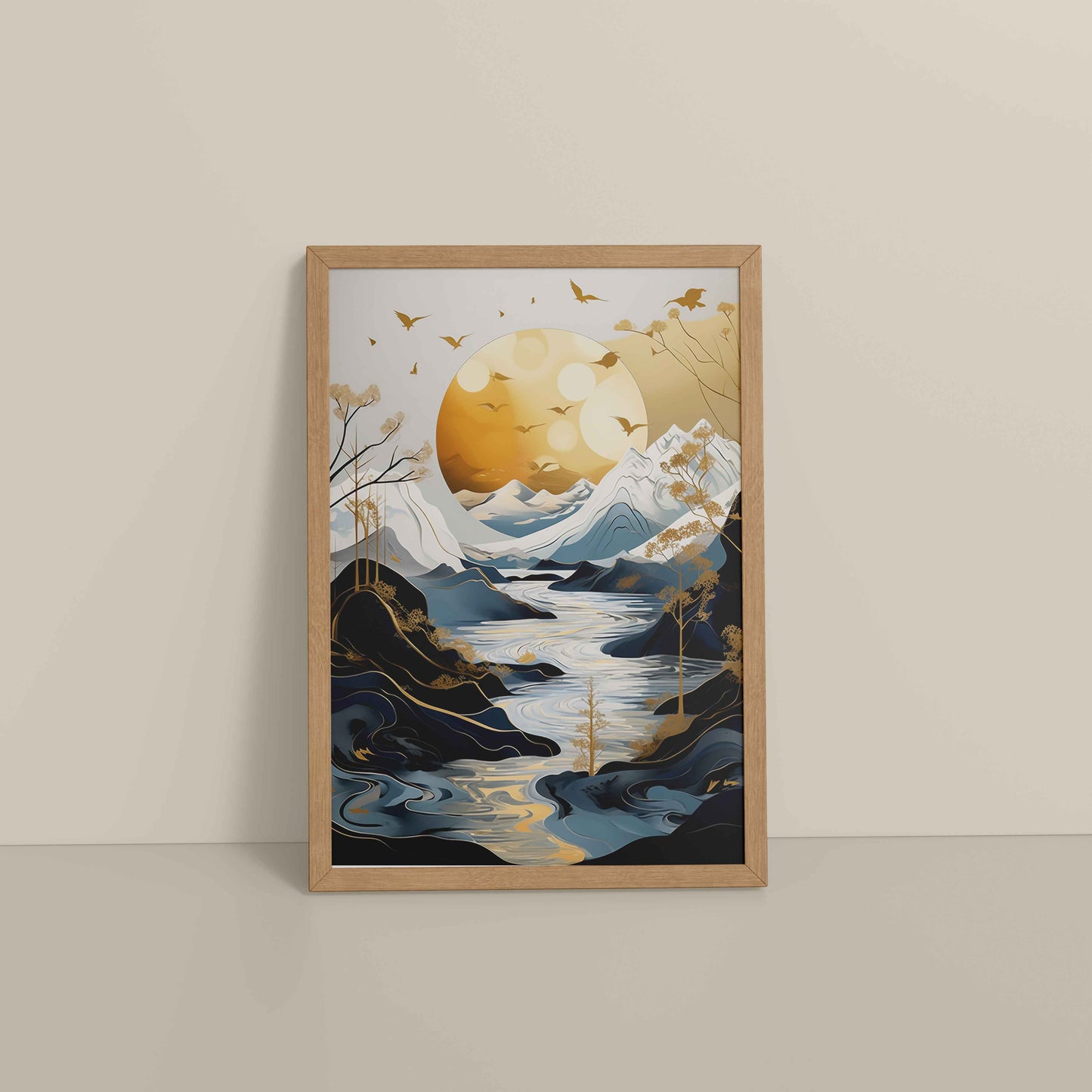 Floor View of Sun Between Peaks and Streams – Nature Abstract Art in Natrual Color Frame