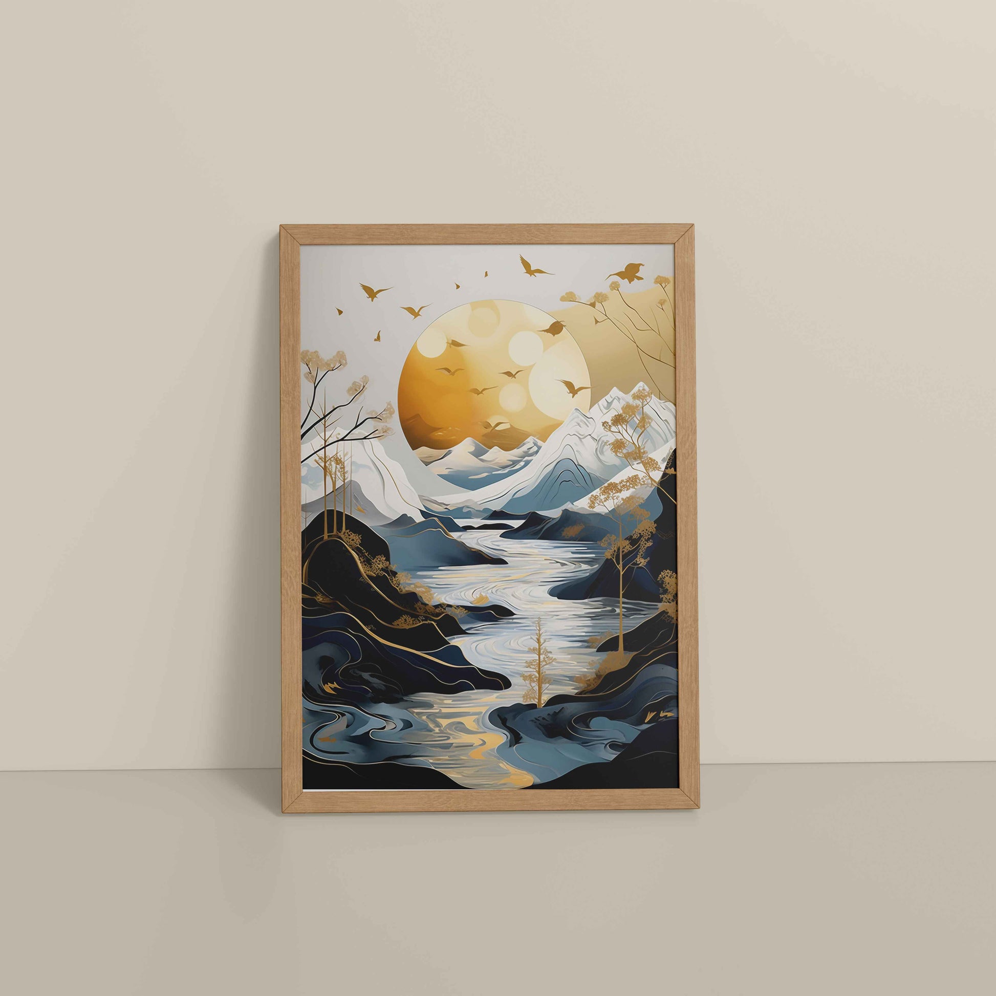 Floor View of Sun Between Peaks and Streams – Nature Abstract Art in Natrual Color Frame