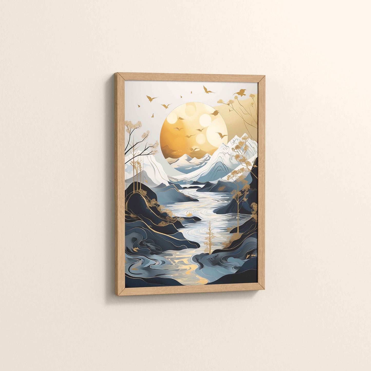 Side View of Sun Between Peaks and Streams – Nature Abstract Art in Natrual Color Frame