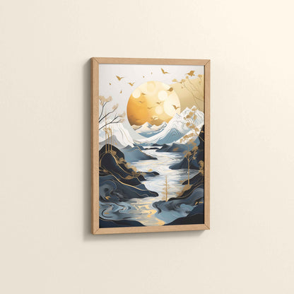 Side View of Sun Between Peaks and Streams – Nature Abstract Art in Natrual Color Frame