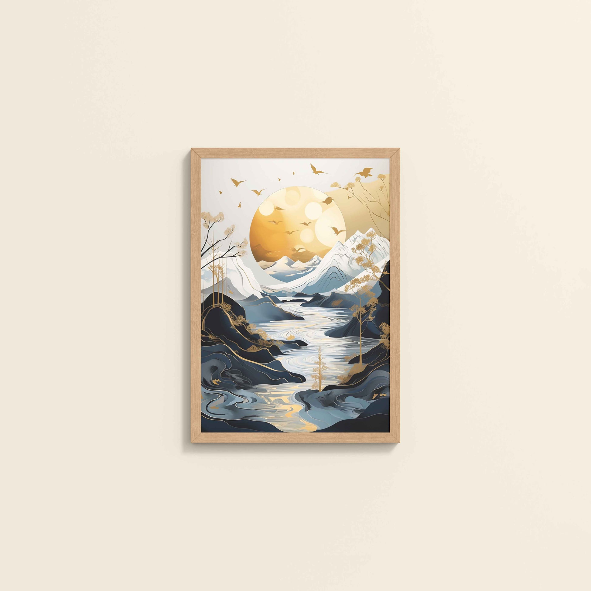 Wall View of Sun Between Peaks and Streams – Nature Abstract Art in Natrual Color Frame
