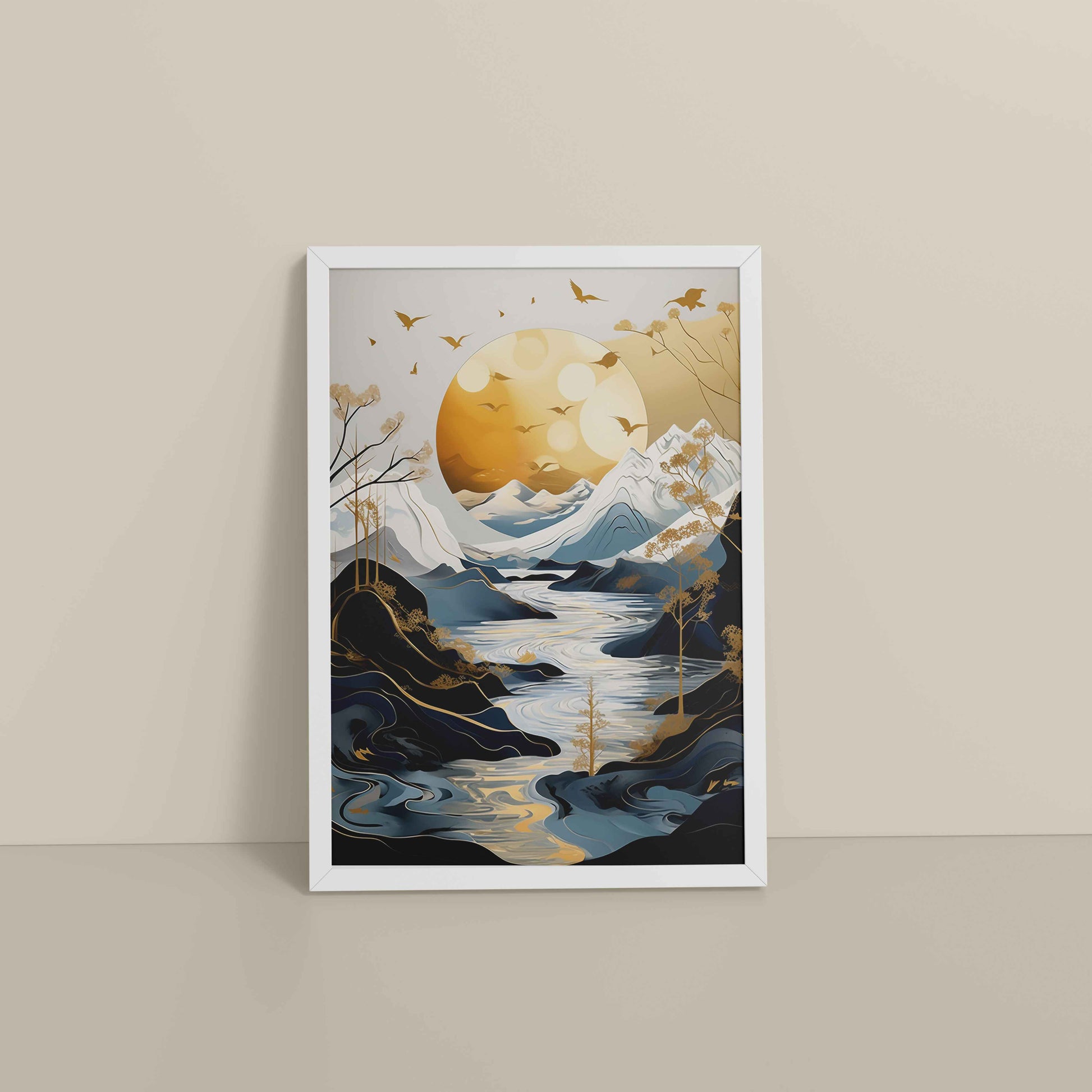 Floor View of Sun Between Peaks and Streams – Nature Abstract Art in White Color Frame