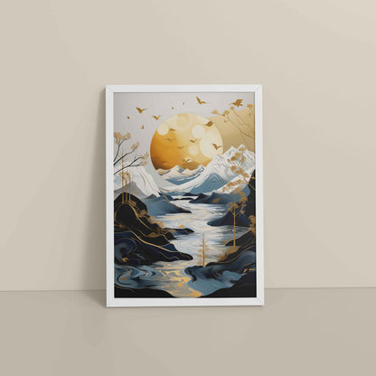 Floor View of Sun Between Peaks and Streams – Nature Abstract Art in White Color Frame