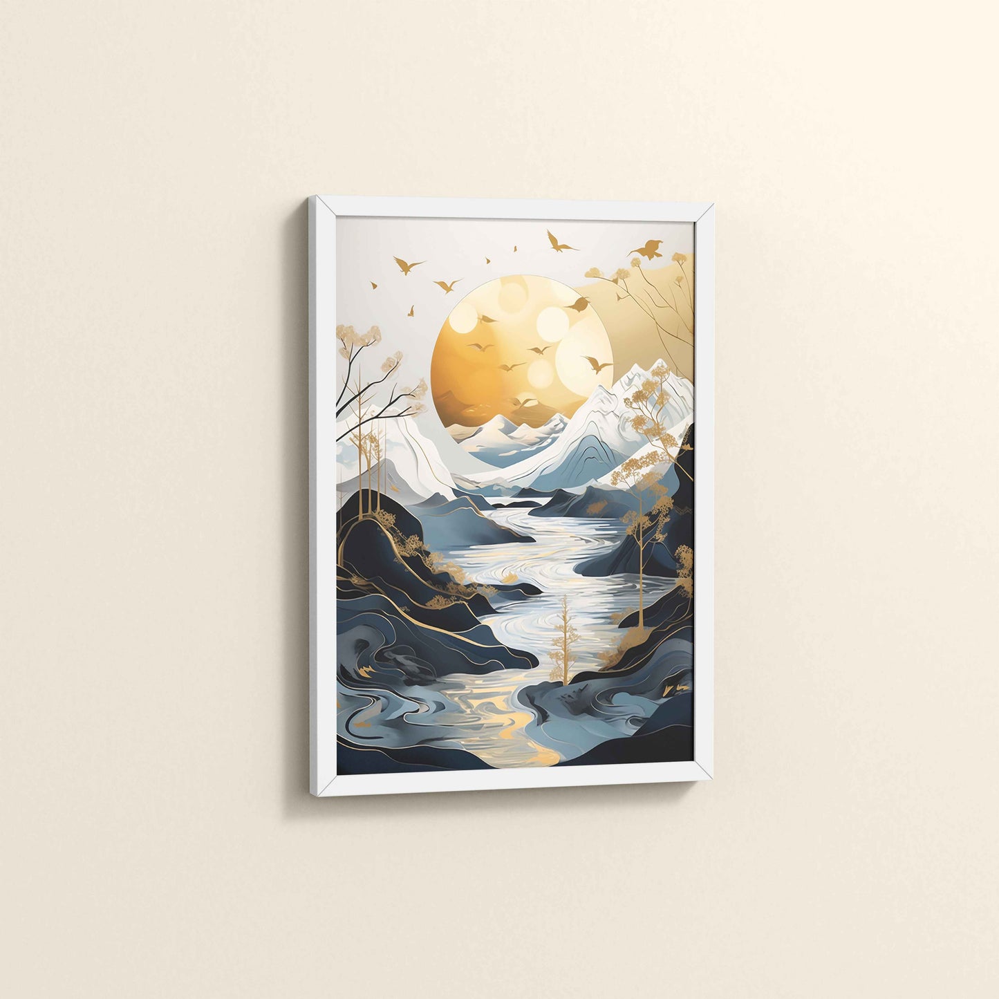 Side View of Sun Between Peaks and Streams – Nature Abstract Art in White Color Frame