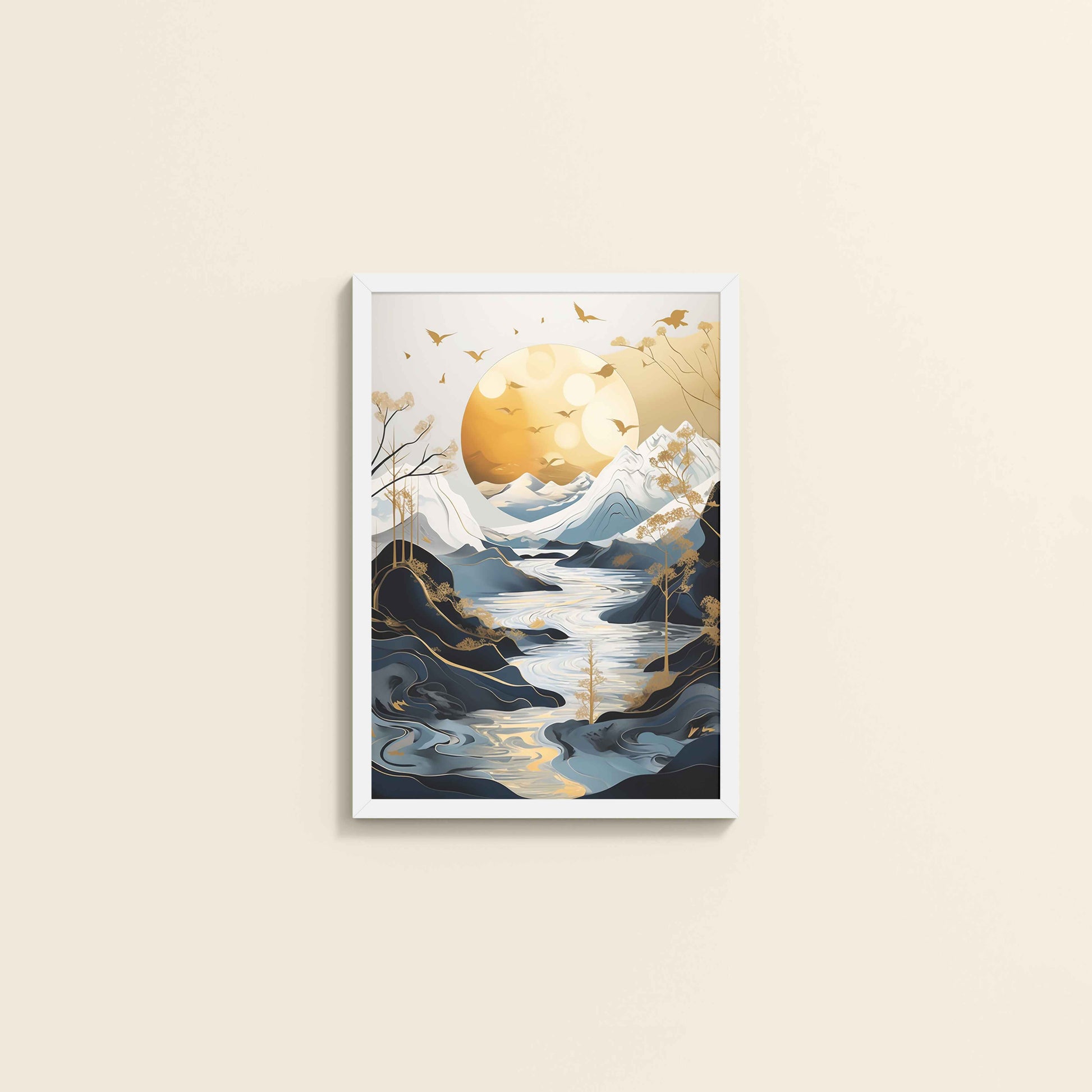 Wall View of Sun Between Peaks and Streams – Nature Abstract Art in White Color Frame