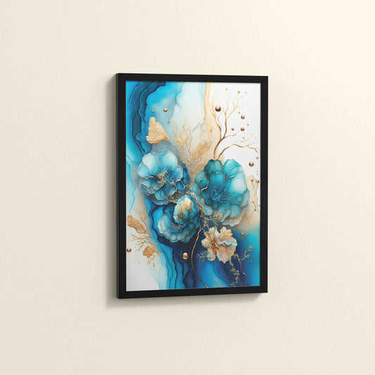 Side View of Sun Between Peaks and Streams – Nature Abstract Art in Black Color Frame
