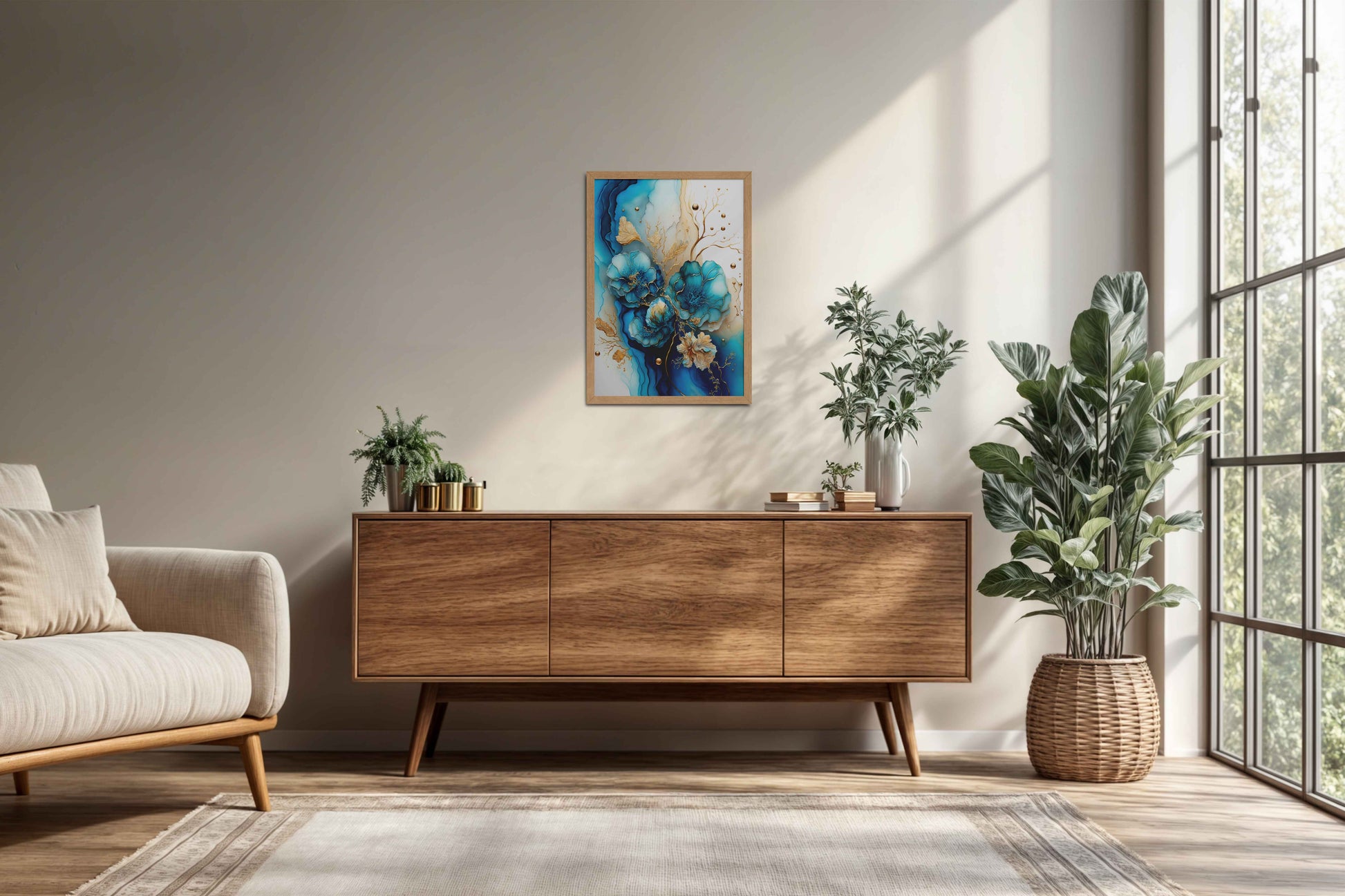 Living Room Cabinet Preview of Sun Between Peaks and Streams – Nature Abstract Art in Natrual Color Frame