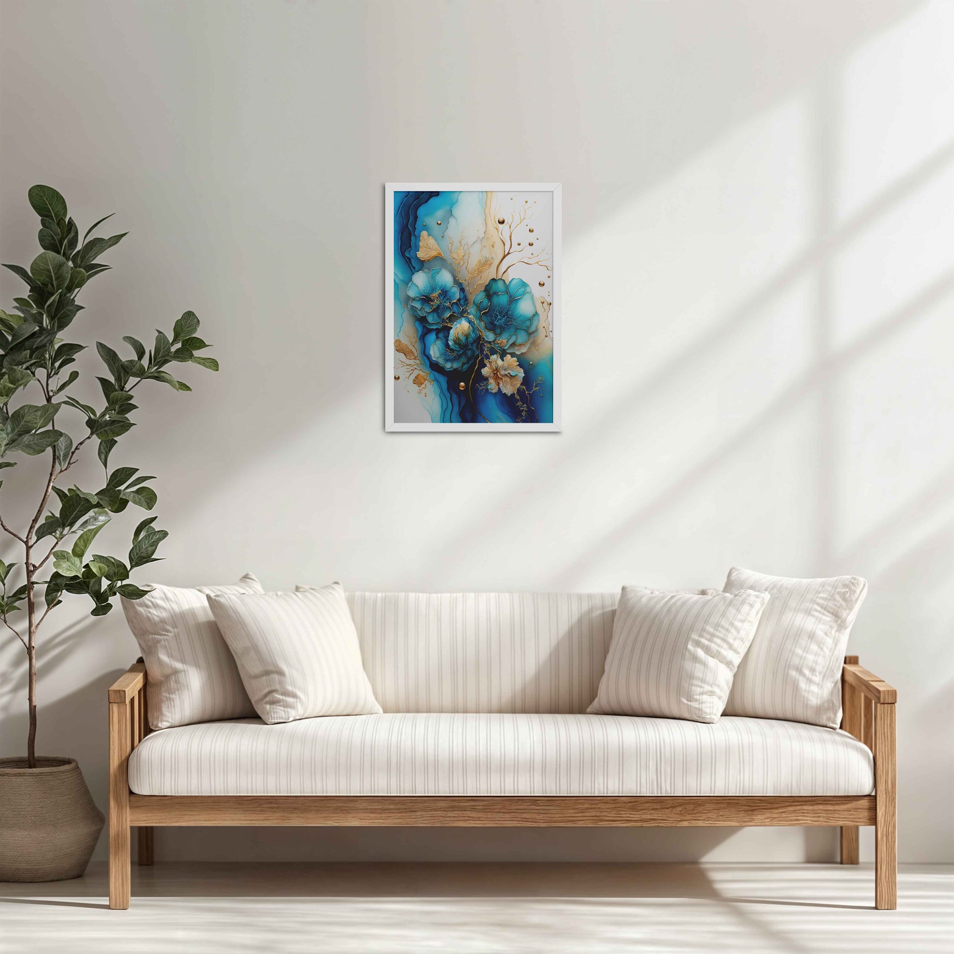 Living Room Cabinet Table Preview of Sun Between Peaks and Streams – Nature Abstract Art in White Color Frame