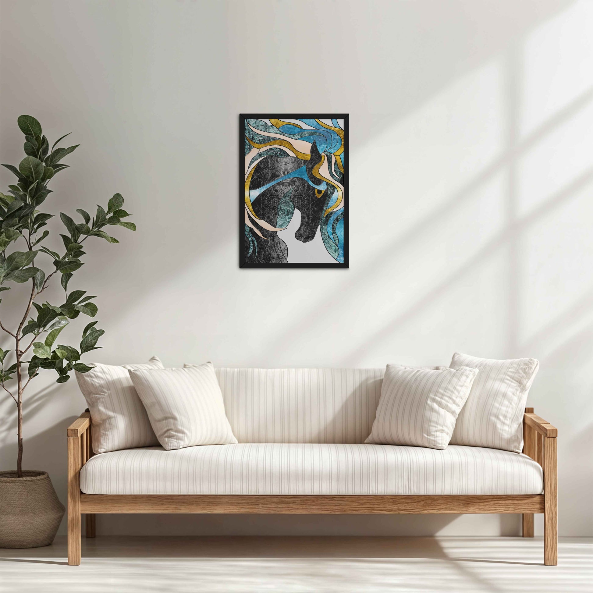 Living Room Cabinet Table Preview of Fluid Motion – Majestic Horse in Abstract Art in Black Color Frame