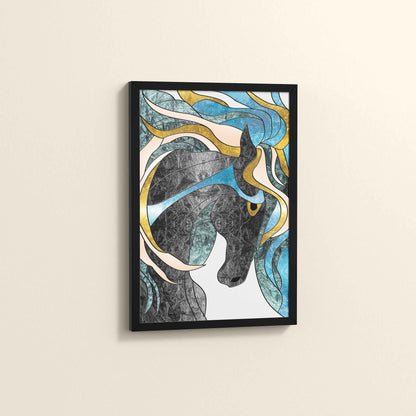 Side View of Fluid Motion – Majestic Horse in Abstract Art in Black Color Frame