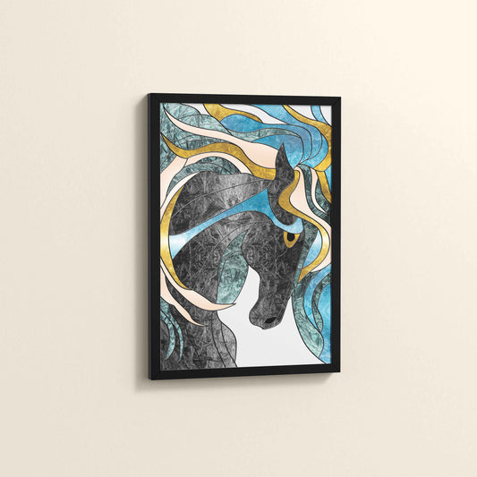 Side View of Fluid Motion – Majestic Horse in Abstract Art in Black Color Frame