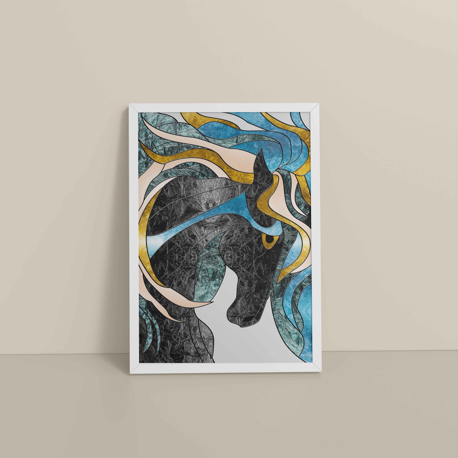 Floor View of Fluid Motion – Majestic Horse in Abstract Art in White Color Frame