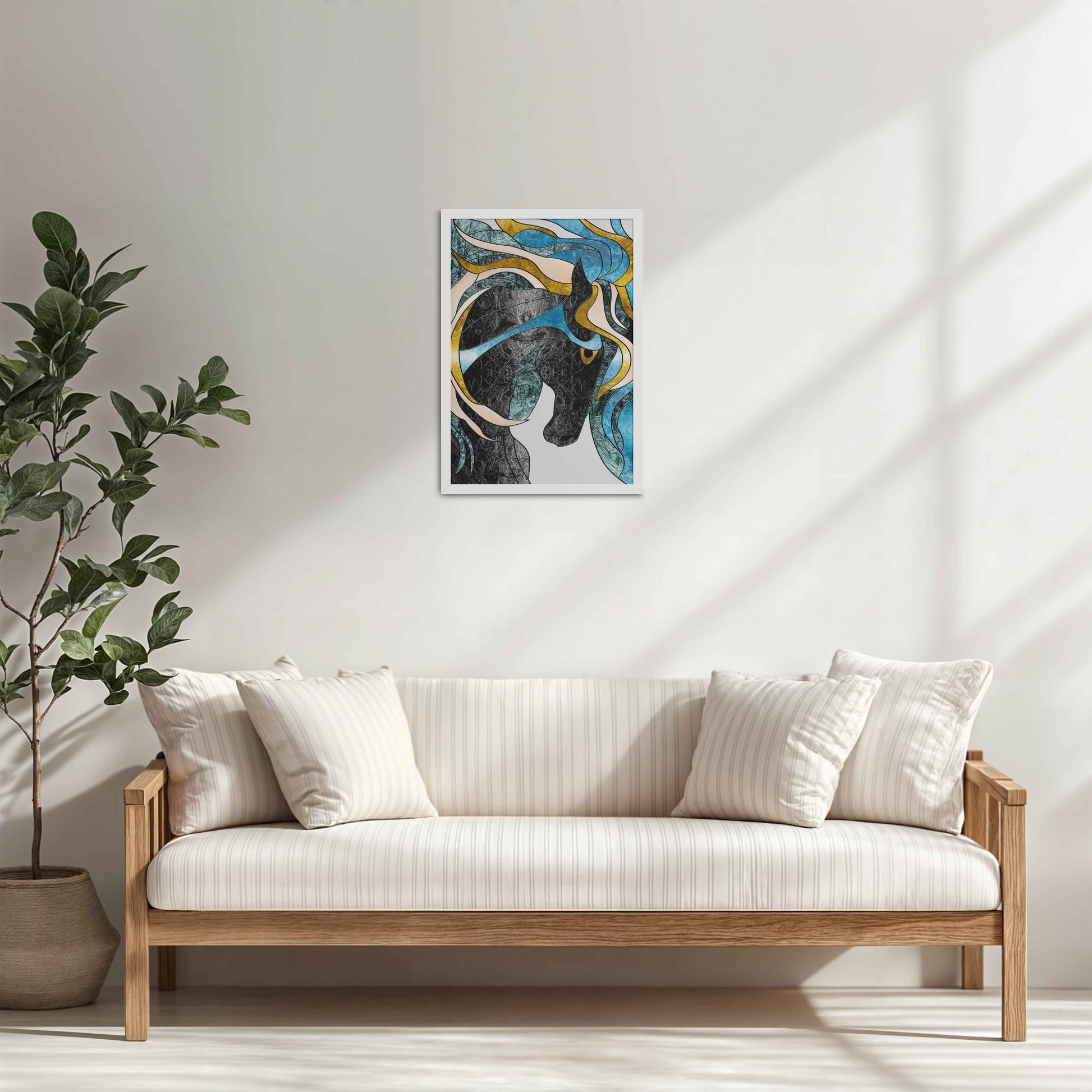 Living Room Cabinet Table Preview of Fluid Motion – Majestic Horse in Abstract Art in White Color Frame
