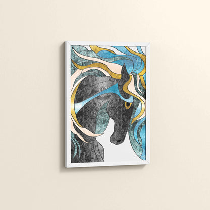Side View of Fluid Motion – Majestic Horse in Abstract Art in White Color Frame