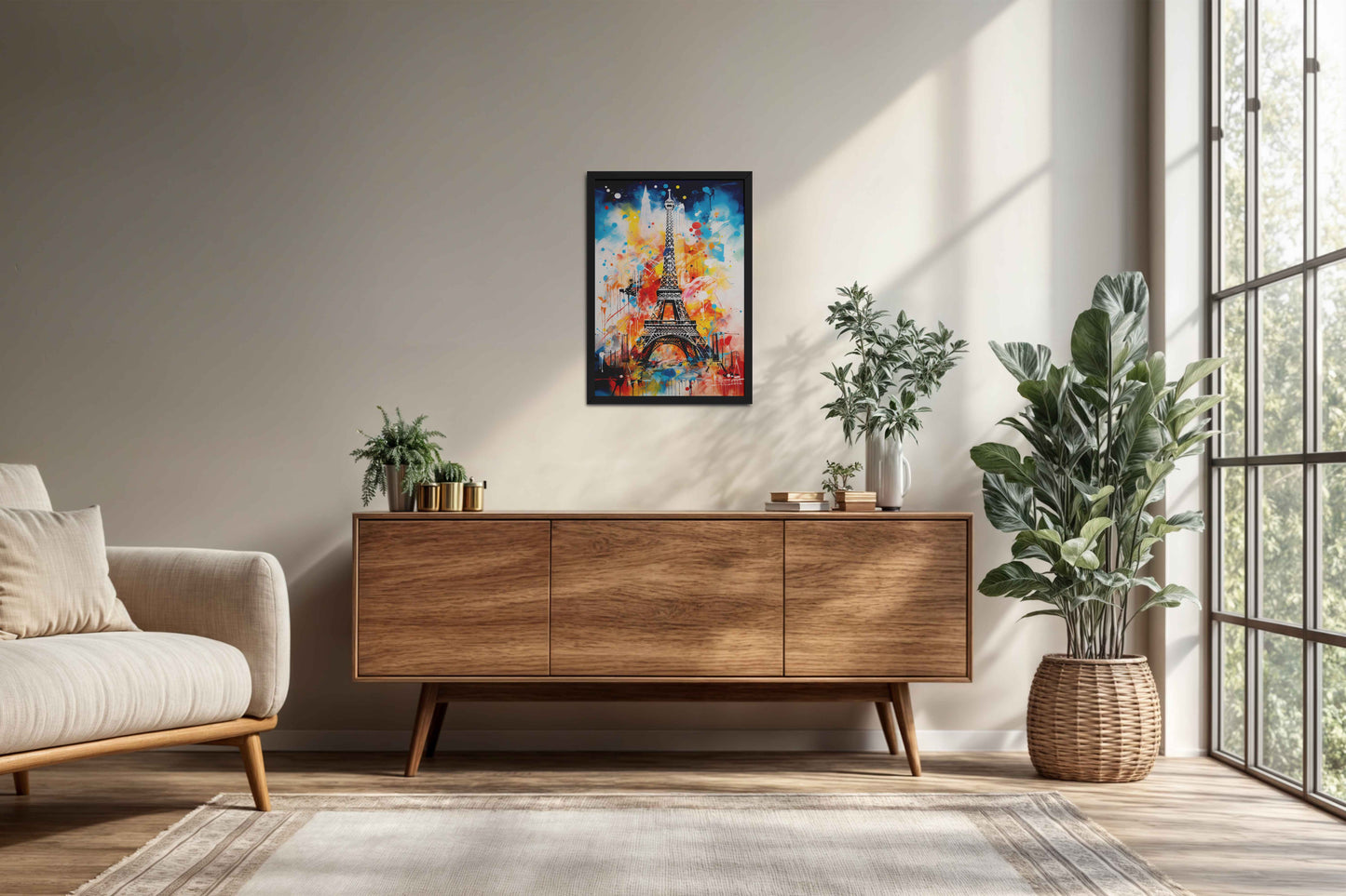 Living Room Cabinet Preview of Vibrant Paris – Eiffel Tower Abstract Art Decor in Black Color Frame