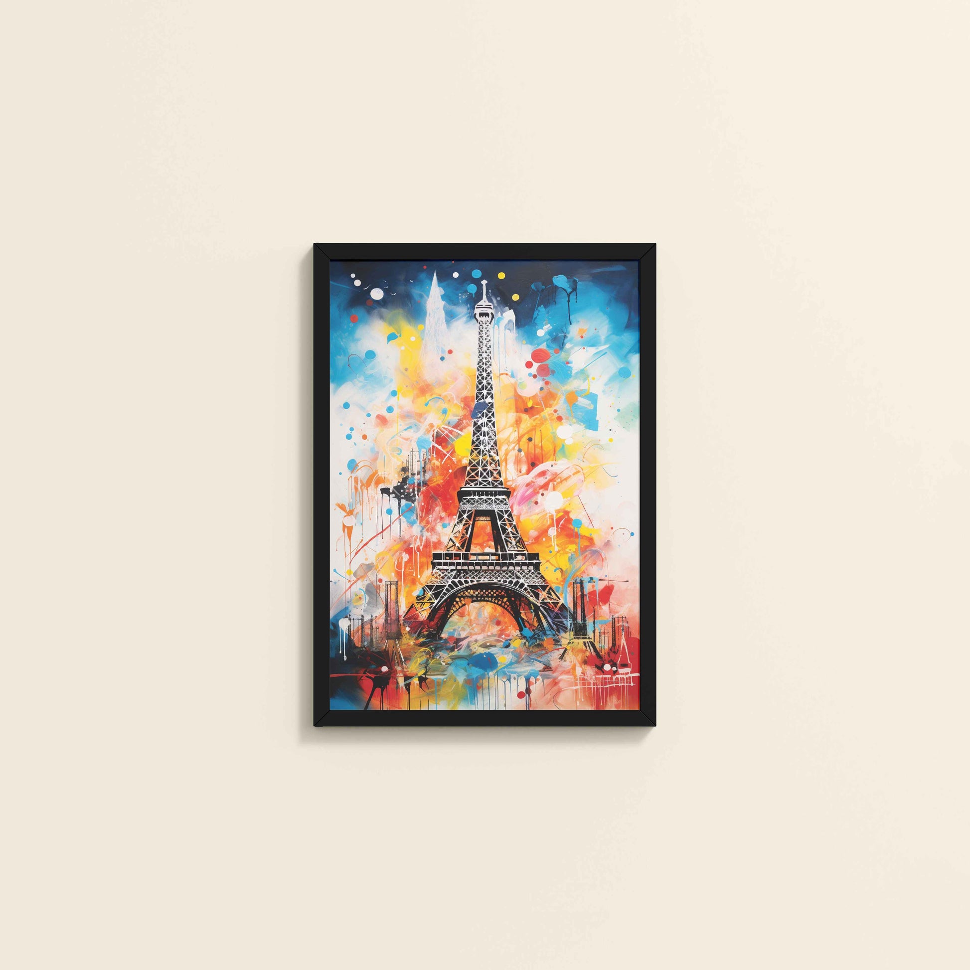 Wall View of Vibrant Paris – Eiffel Tower Abstract Art Decor in Black Color Frame