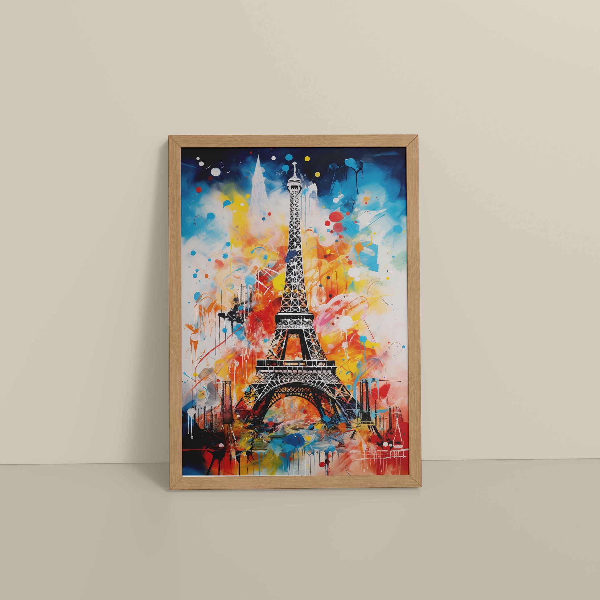 Floor View of Vibrant Paris – Eiffel Tower Abstract Art Decor in Natrual Color Frame