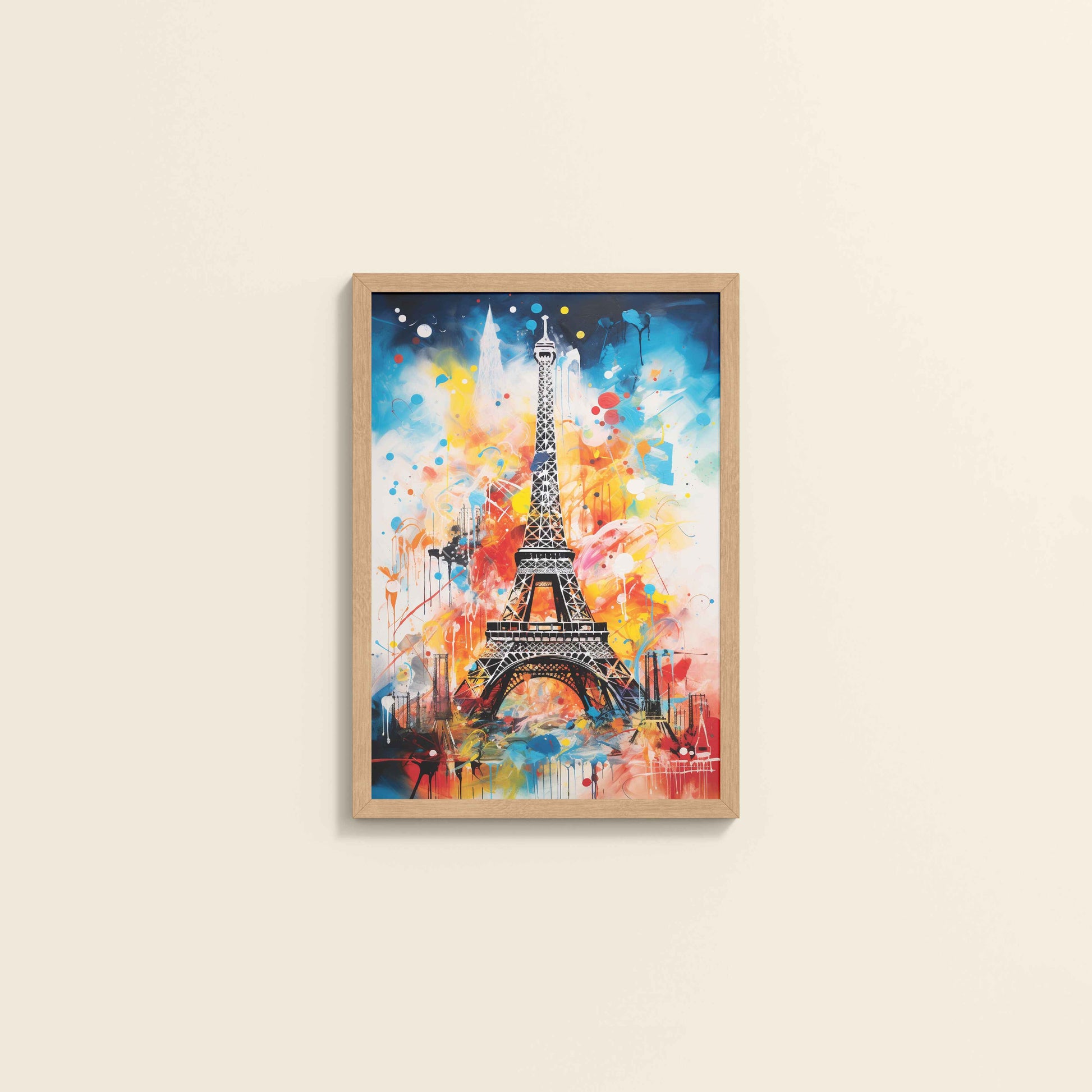 Wall View of Vibrant Paris – Eiffel Tower Abstract Art Decor in Natrual Color Frame