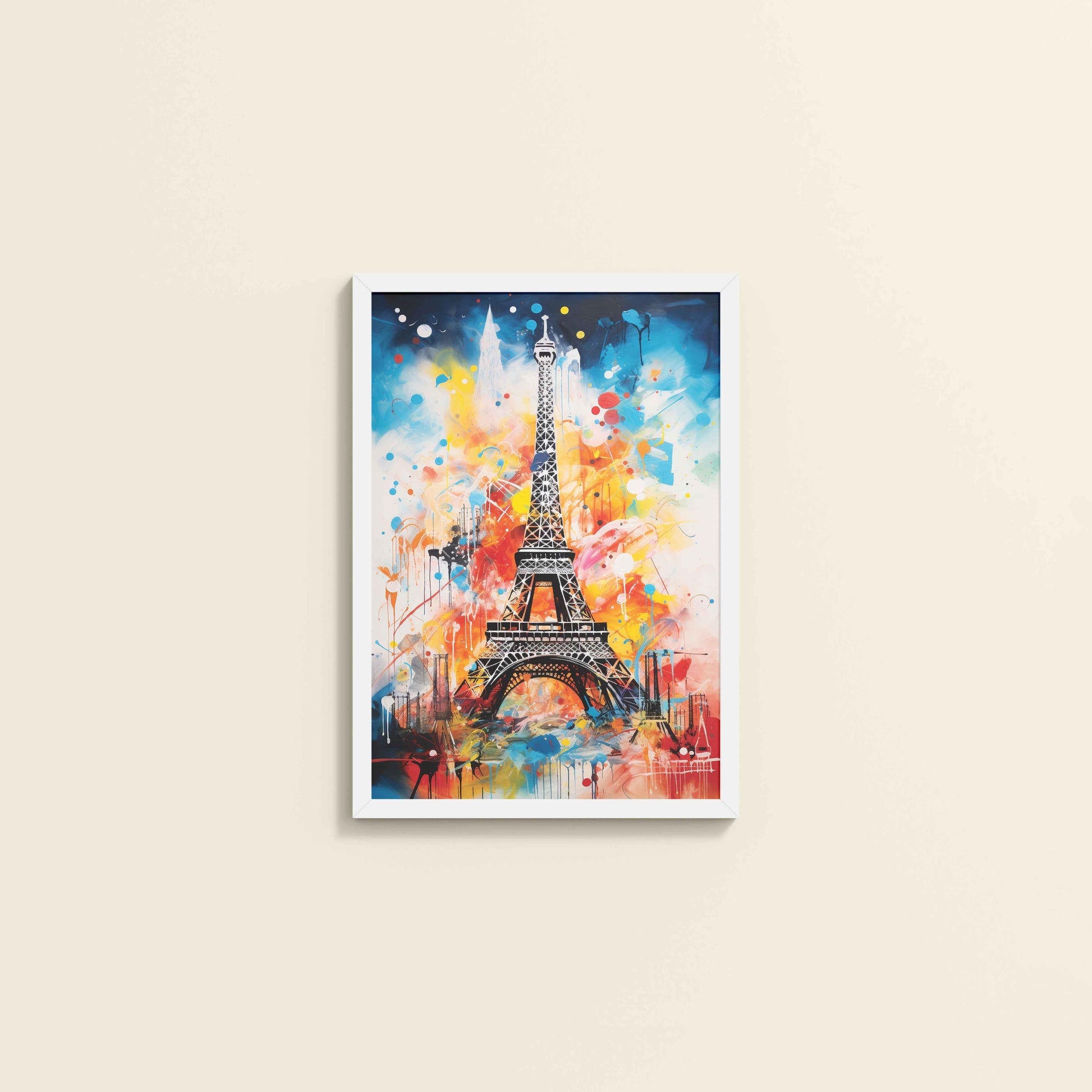 Wall View of Vibrant Paris – Eiffel Tower Abstract Art Decor in White Color Frame