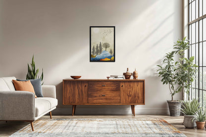 Living Room Sofa Preview of Dusky Scenery – Nature-Inspired Abstract Art Frame in Black Color Frame