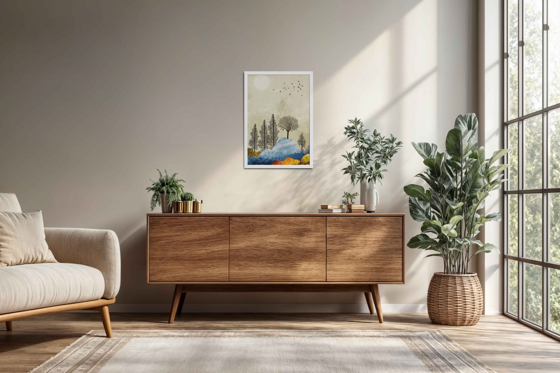 Living Room Cabinet Preview of Dusky Scenery – Nature-Inspired Abstract Art Frame in White Color Frame