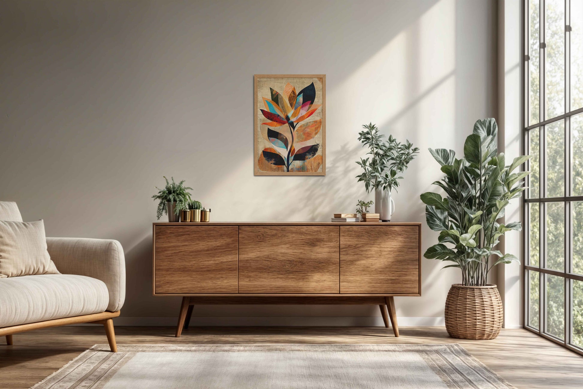Living Room Cabinet Preview of Abstract Nature – Minimalist Boho Plant Art & Wall Decor in Natrual Color Frame