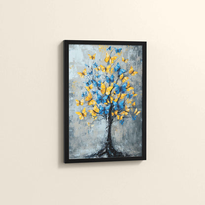 Side View of Tree of Colorful Butterflies – Abstract Art Painting in Black Color Frame