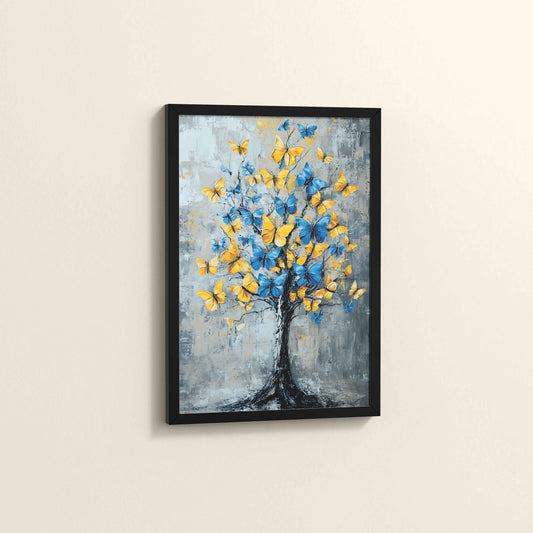 Side View of Tree of Colorful Butterflies – Abstract Art Painting in Black Color Frame