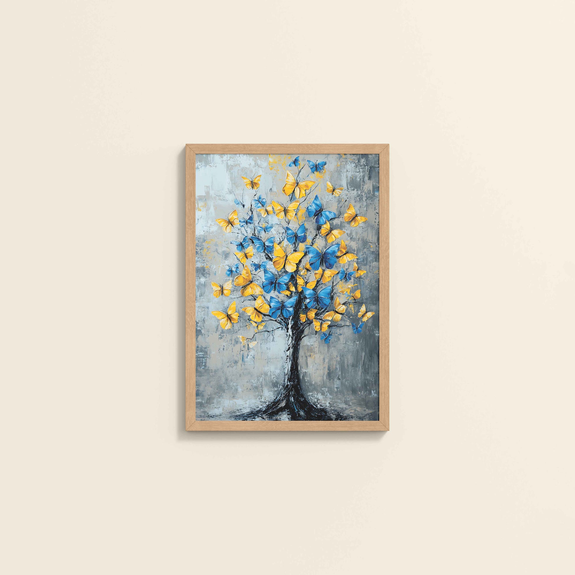 Wall View of Tree of Colorful Butterflies – Abstract Art Painting in Natrual Color Frame