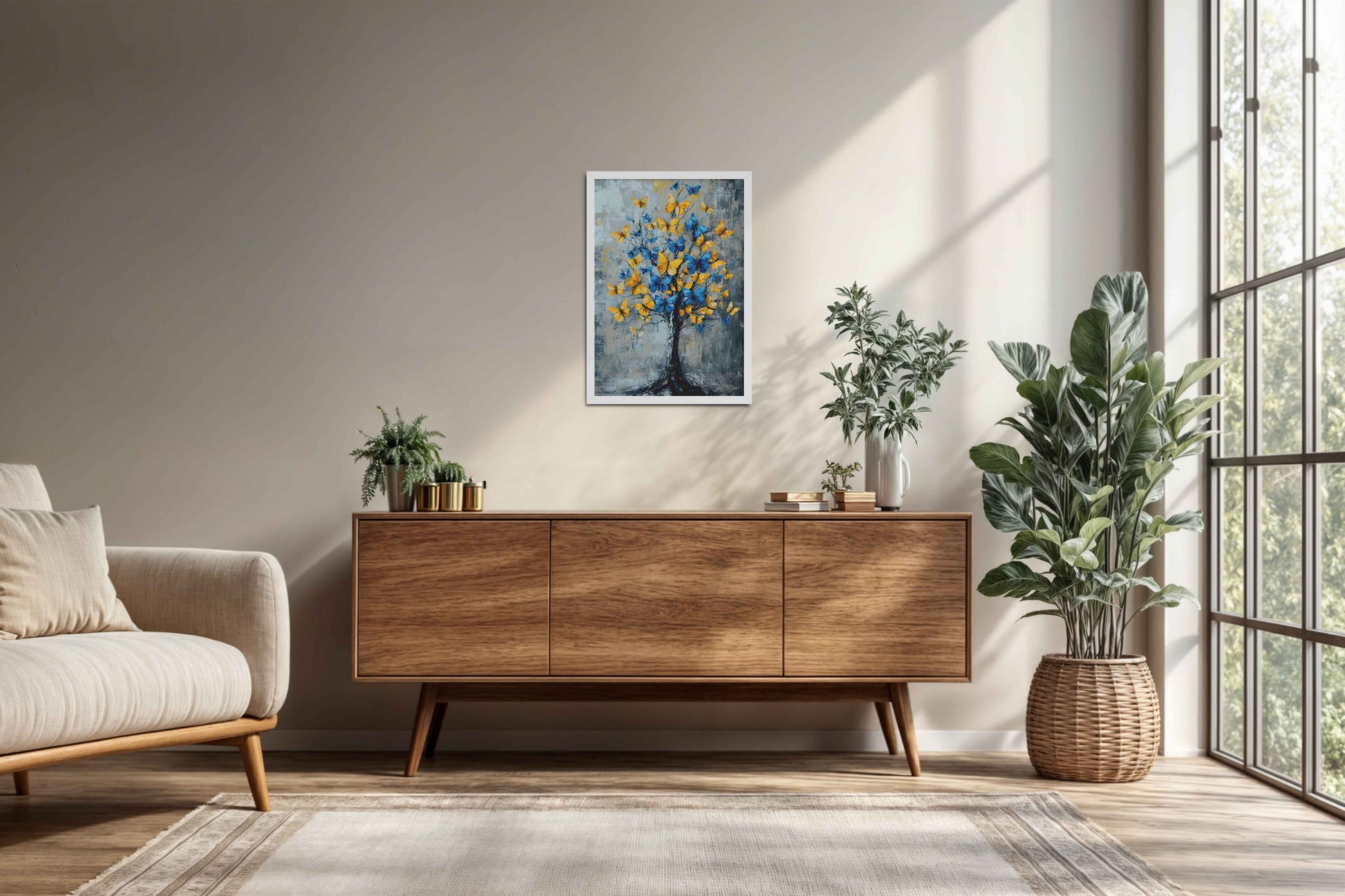 Living Room Cabinet Preview of Tree of Colorful Butterflies – Abstract Art Painting in White Color Frame