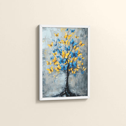 Side View of Tree of Colorful Butterflies – Abstract Art Painting in White Color Frame