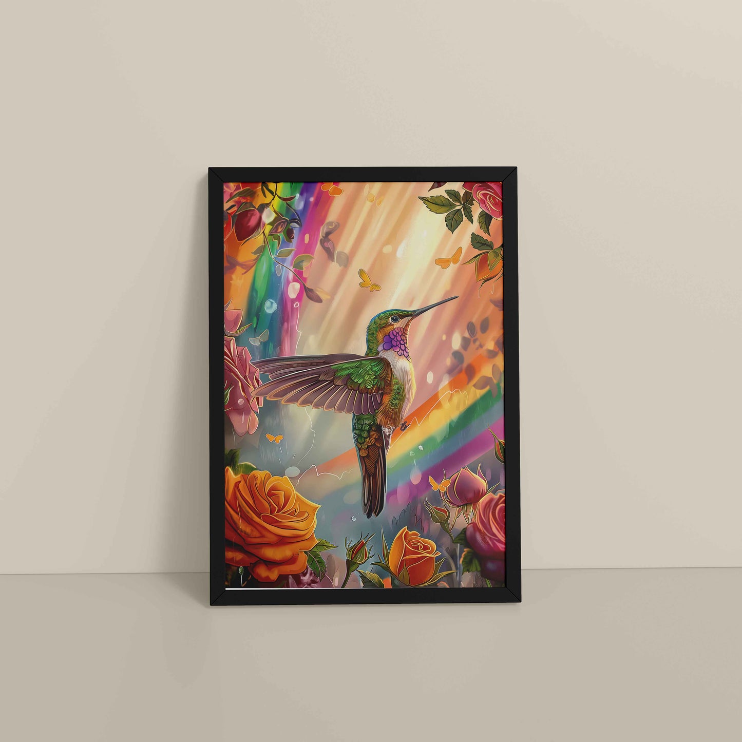Floor View of Multicolor Hummingbird Abstract Art Wall Frame in Black Color Frame