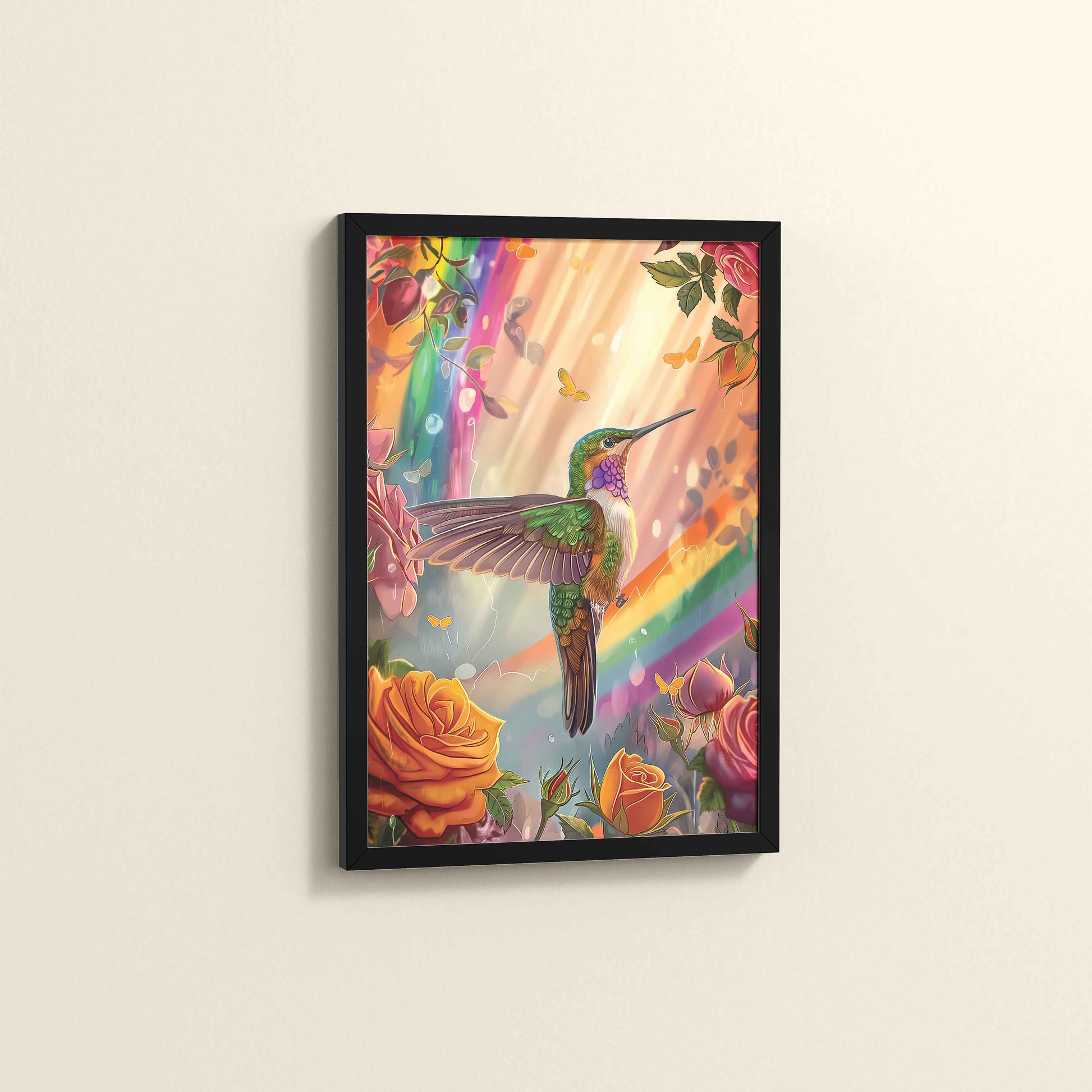 Side View of Multicolor Hummingbird Abstract Art Wall Frame in Black Color Frame