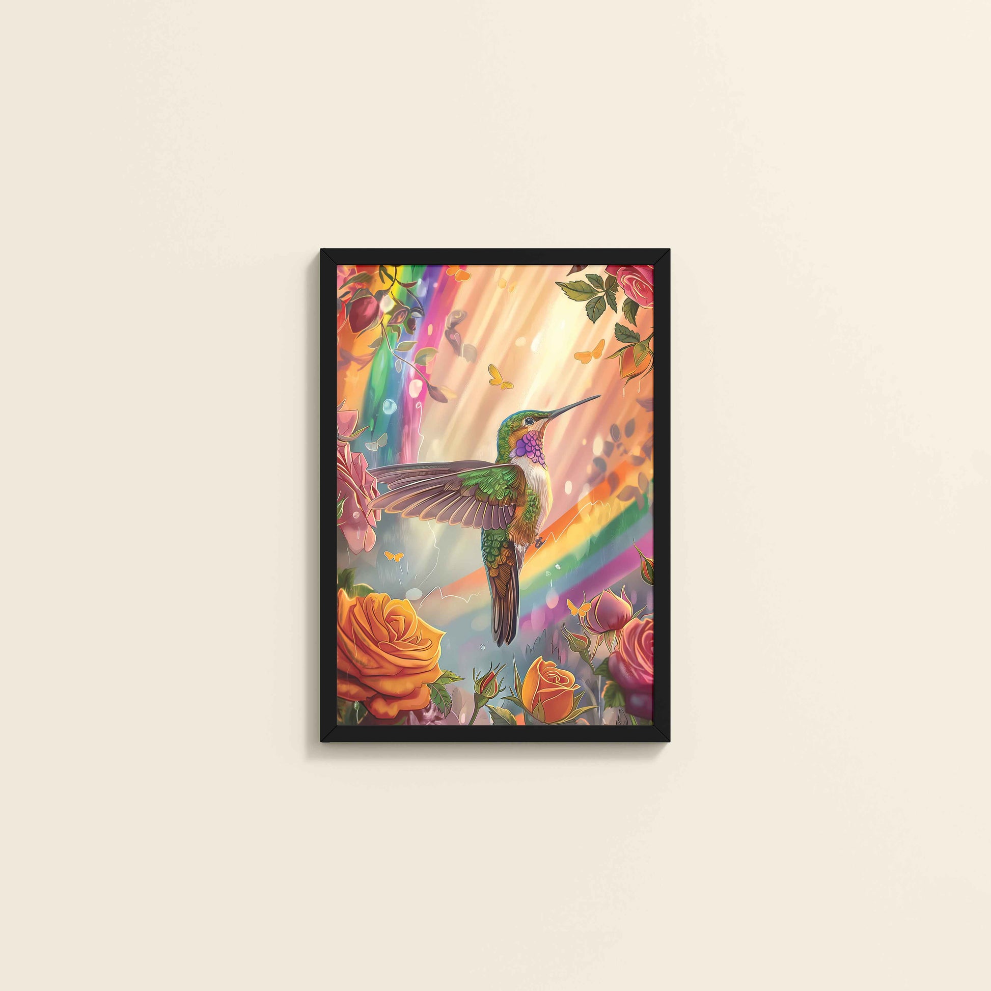 Wall View of Multicolor Hummingbird Abstract Art Wall Frame in Black Color Frame