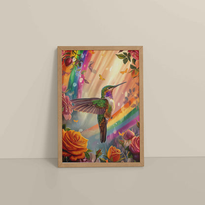 Floor View of Multicolor Hummingbird Abstract Art Wall Frame in Natrual Color Frame