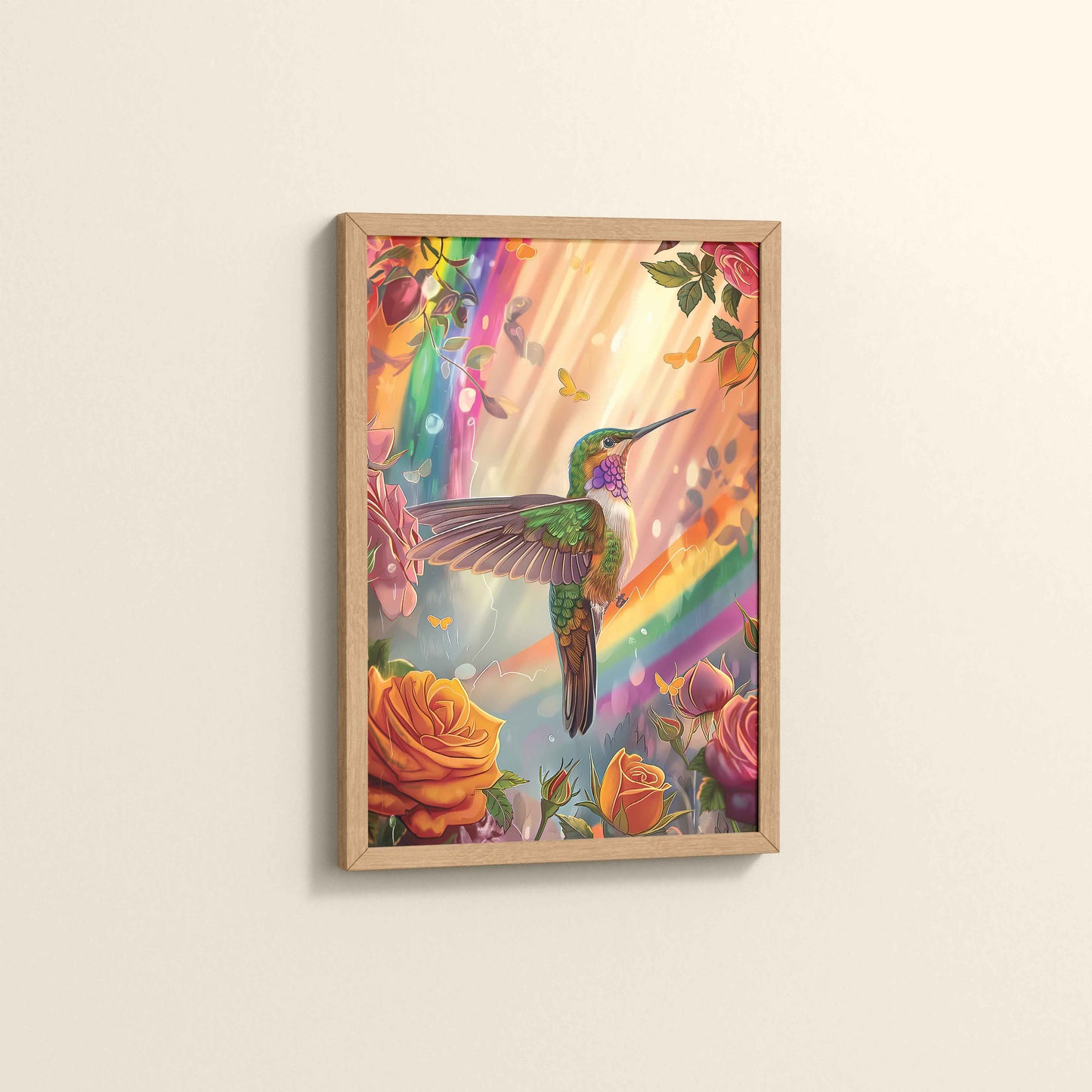 Side View of Multicolor Hummingbird Abstract Art Wall Frame in Natrual Color Frame