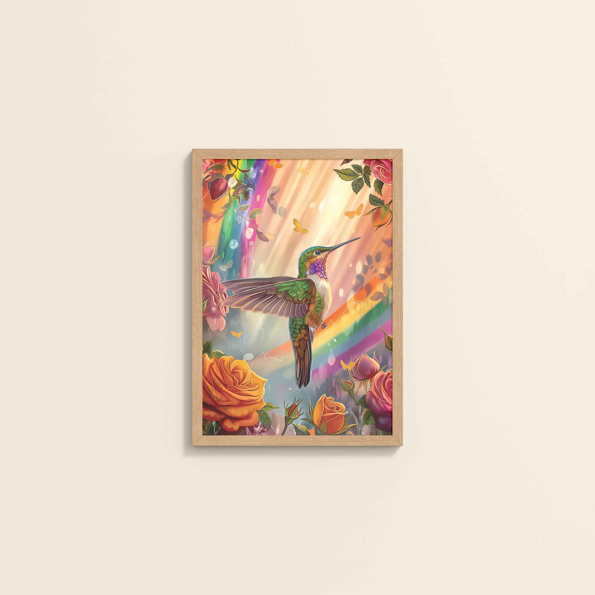 Wall View of Multicolor Hummingbird Abstract Art Wall Frame in Natrual Color Frame
