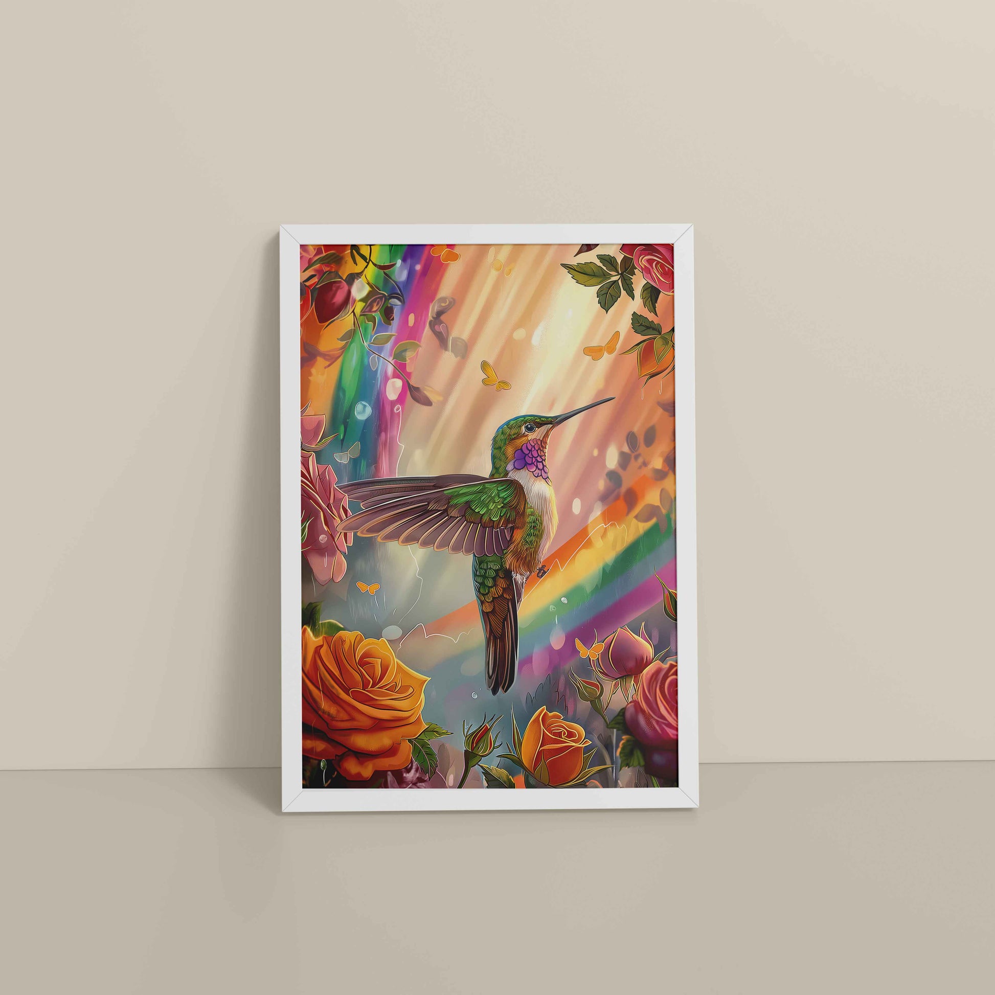 Floor View of Multicolor Hummingbird Abstract Art Wall Frame in White Color Frame