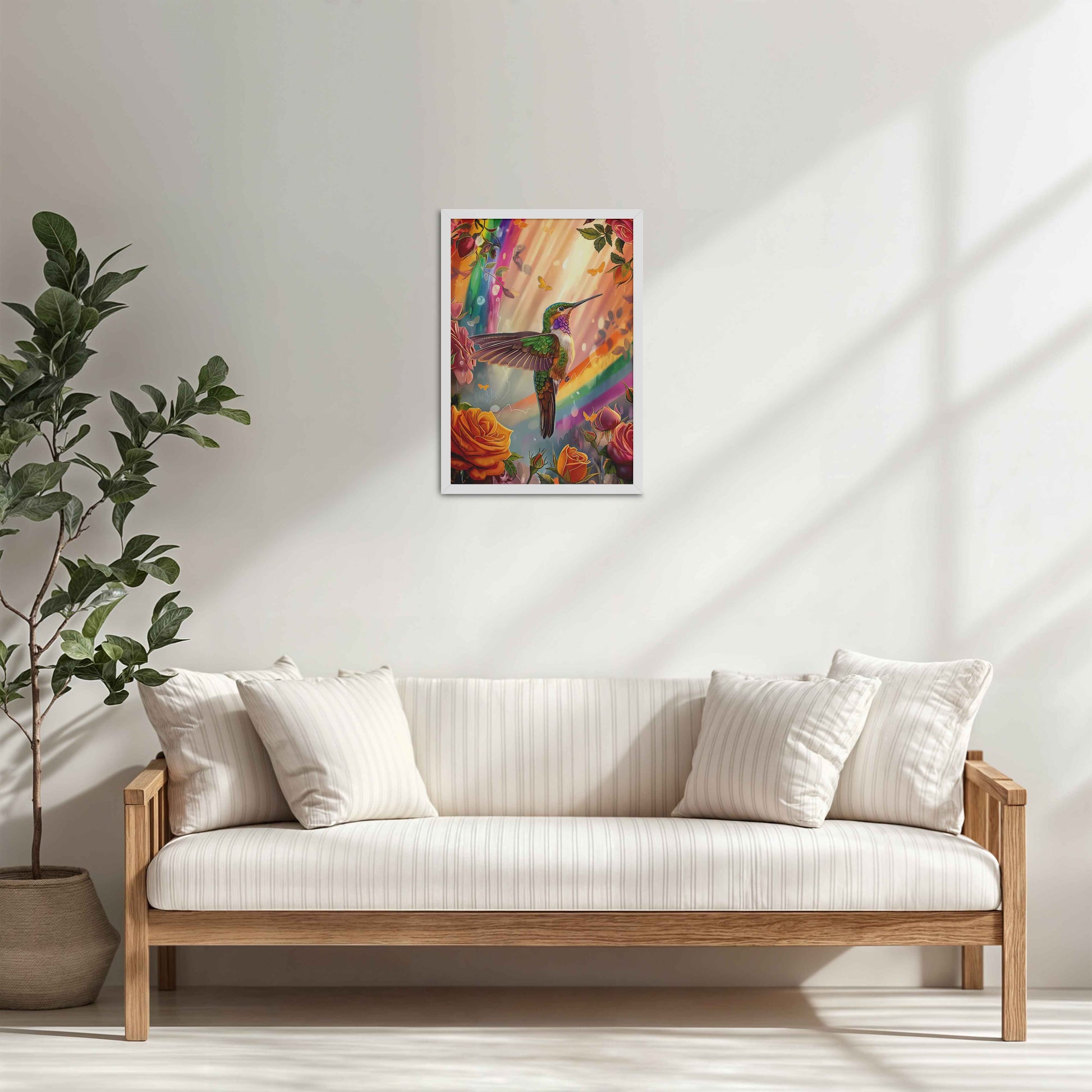 Living Room Cabinet Table Preview of Multicolor Hummingbird Abstract Art Wall Frame in White Color Frame