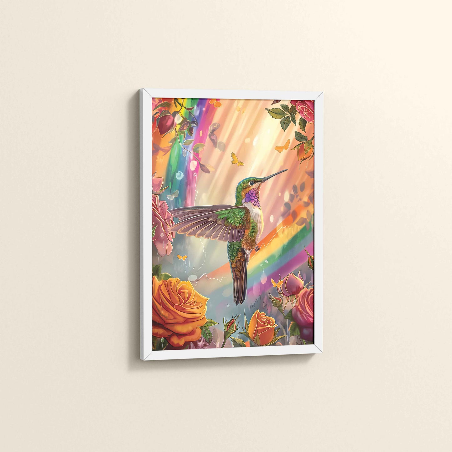 Side View of Multicolor Hummingbird Abstract Art Wall Frame in White Color Frame