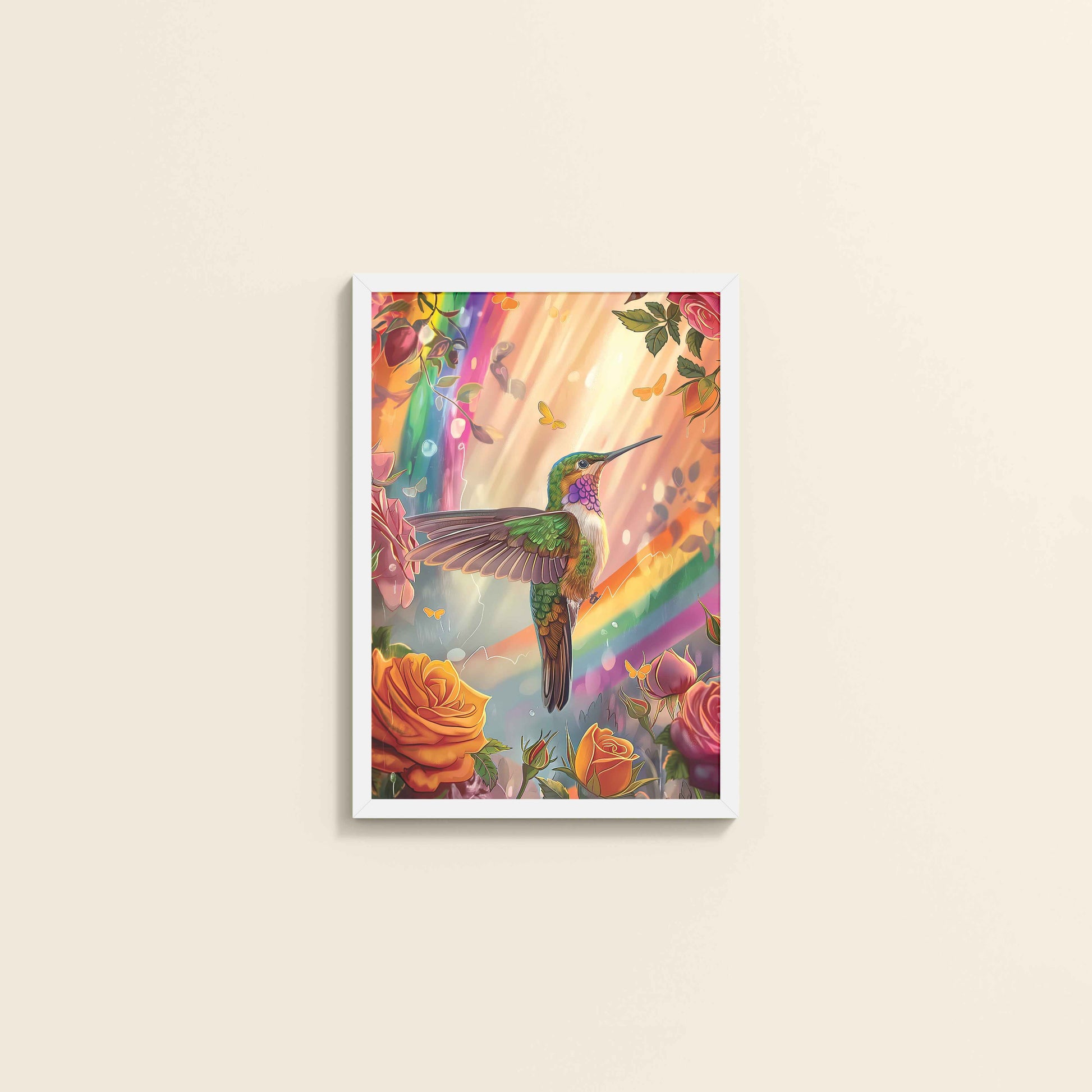 Wall View of Multicolor Hummingbird Abstract Art Wall Frame in White Color Frame