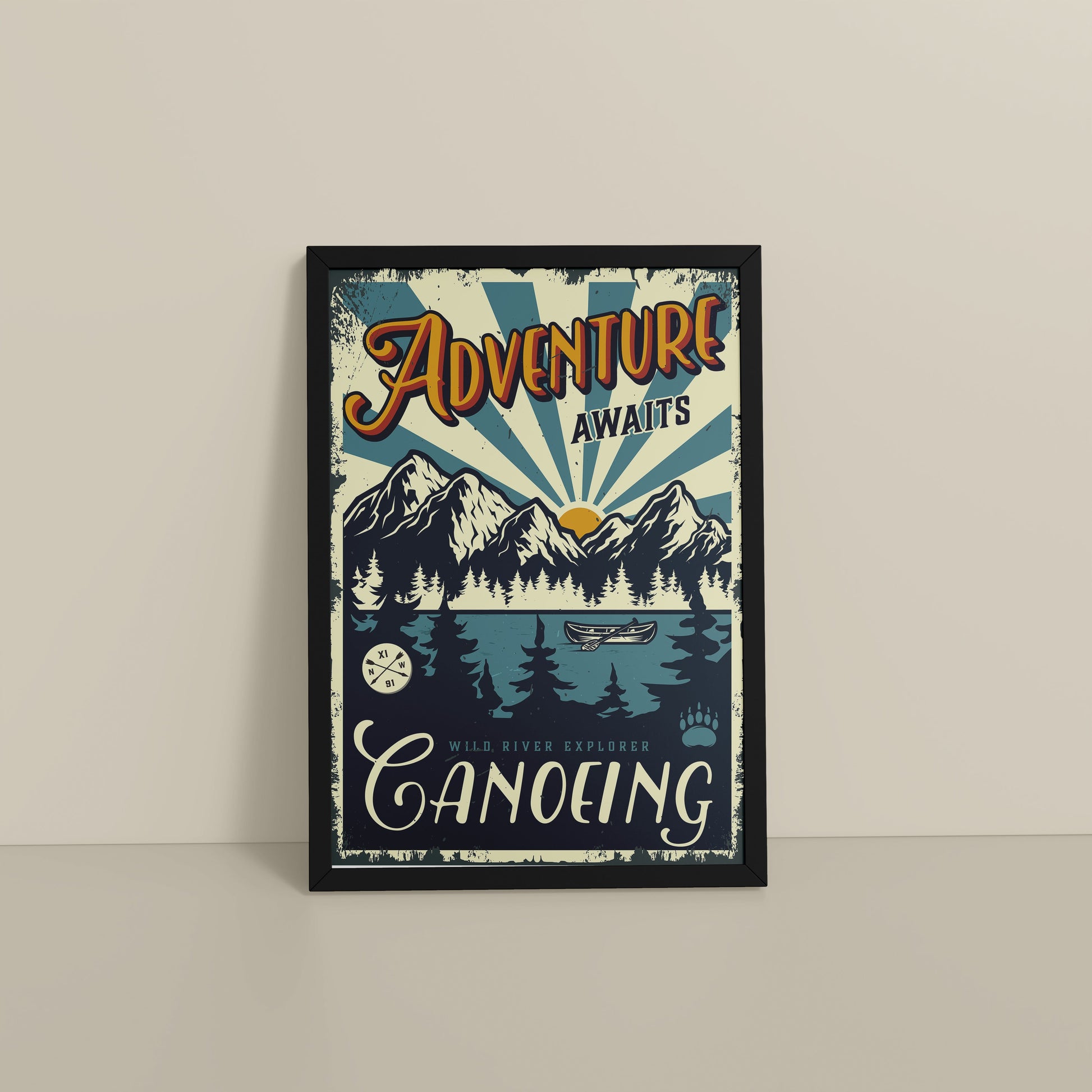 Floor View of Adventure Awaits – Wild River Canoeing Wall Art in Black Color Frame