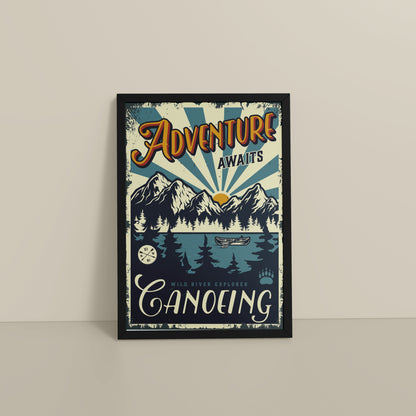 Floor View of Adventure Awaits – Wild River Canoeing Wall Art in Black Color Frame