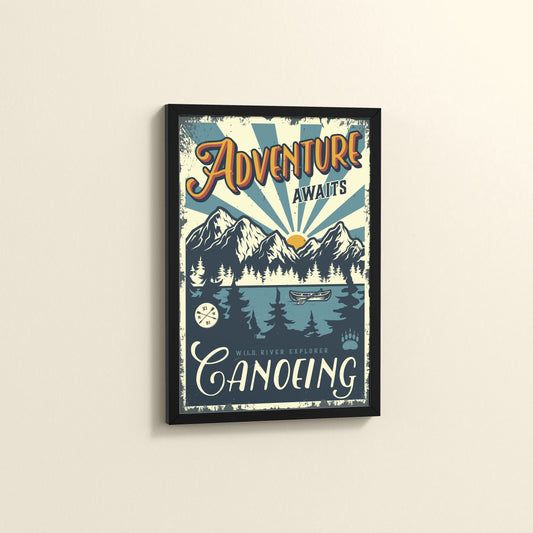 Side View of Adventure Awaits – Wild River Canoeing Wall Art in Black Color Frame