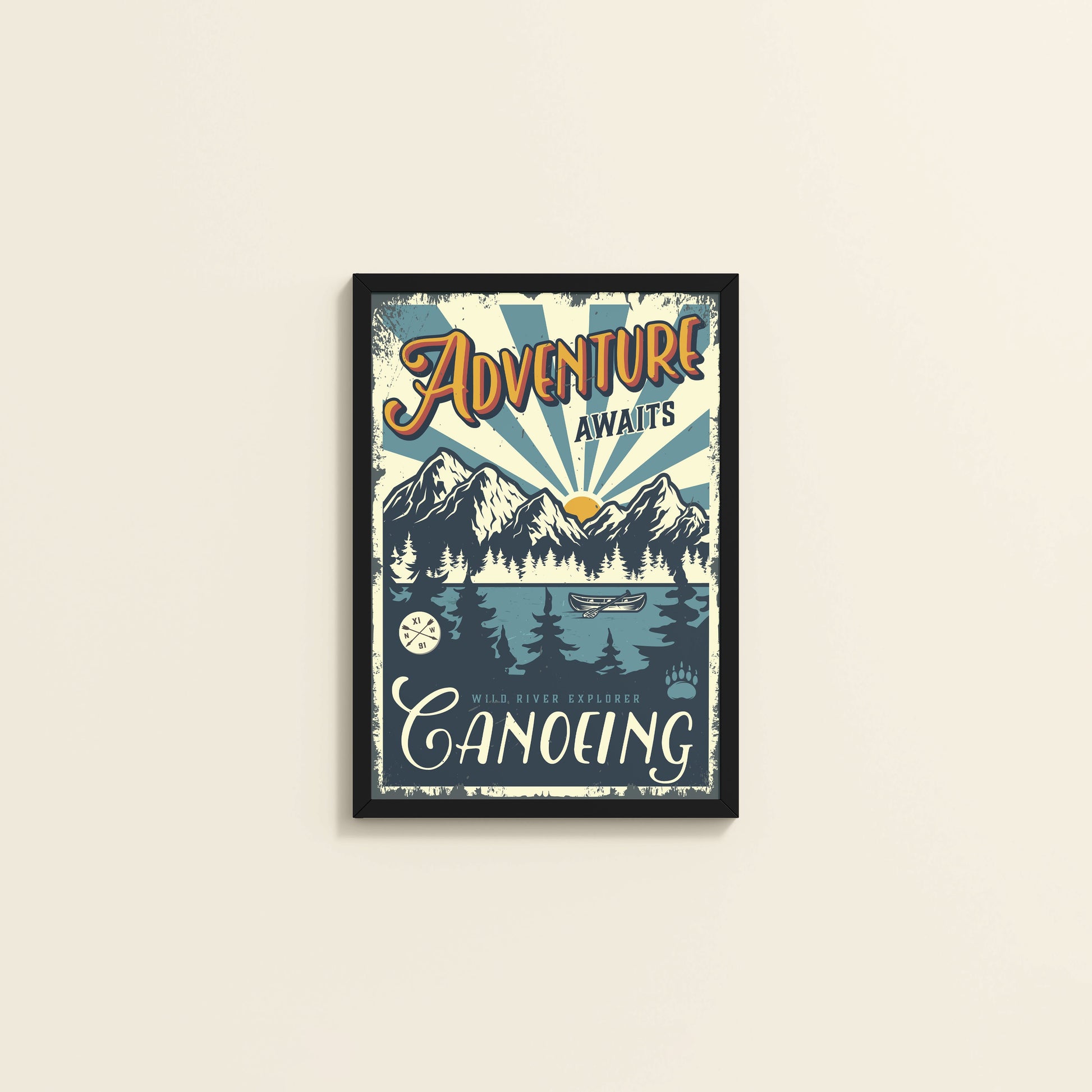 Wall View of Adventure Awaits – Wild River Canoeing Wall Art in Black Color Frame